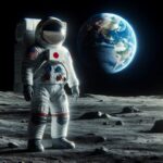 月面を歩く日本人宇宙飛行士が、遠く地球を眺める姿。宇宙服には日本の国旗があり、月の表面は岩がちで小さなクレーターが点在。背景には美しい青い地球が宇宙空間に浮かぶ。探検、達成感、宇宙の広大さを感じさせるシーン。